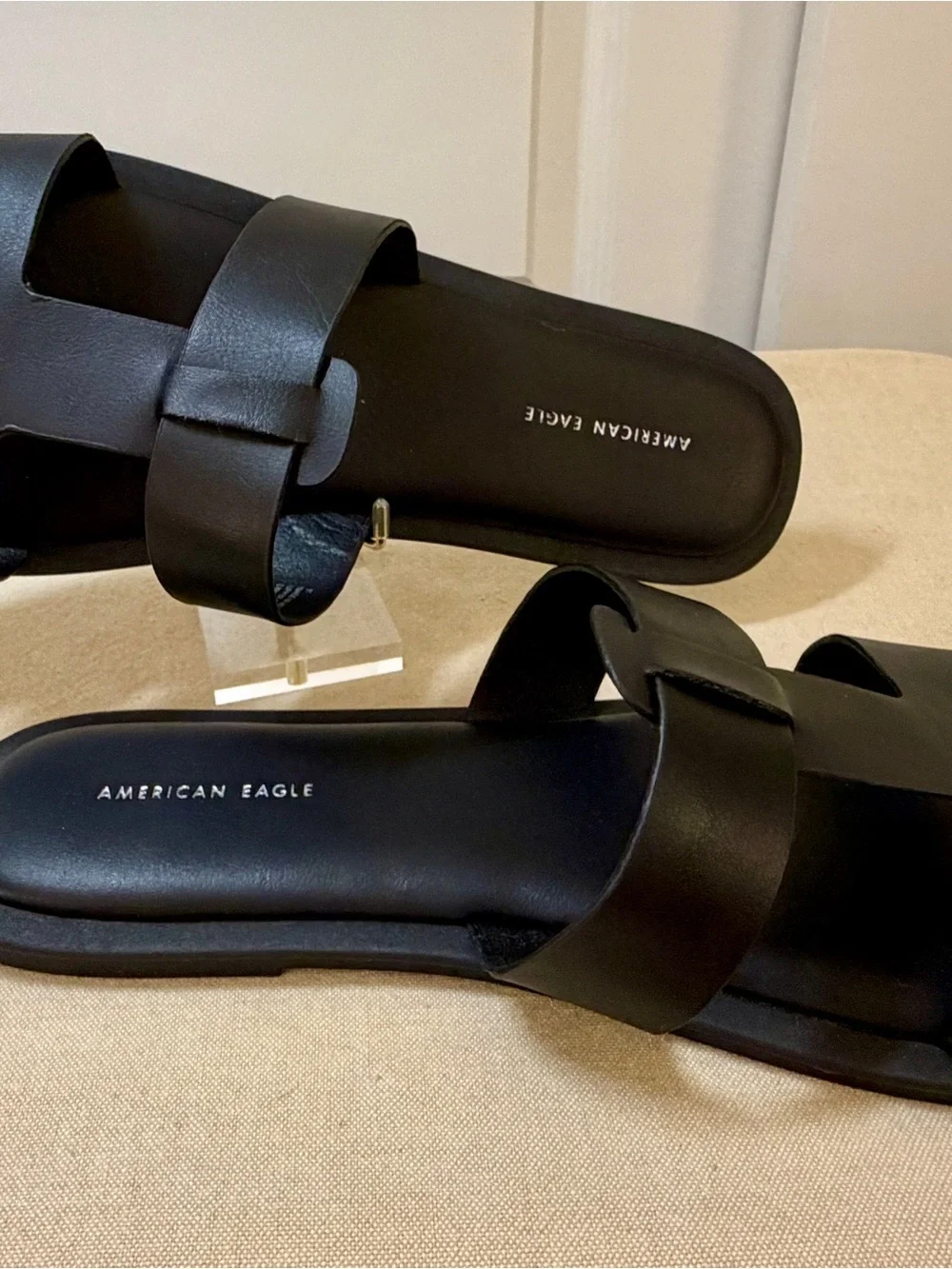 American Eagle Outfitters Black Double-Strap Leather Slide Sandals -Size 11